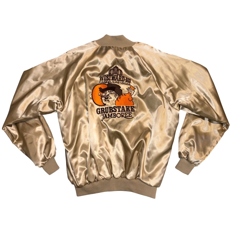 Vintage Designer Pro Westward Ho Casino Las Vegas Satin Bomber Jacket Gold 2XL